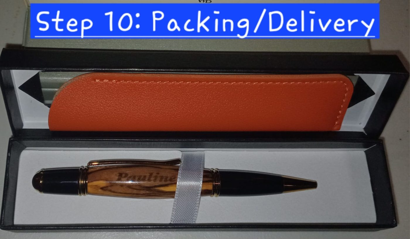 Box & deliver — finished engraved 'Pauline' pen in a black gift box with an orange leather sleeve