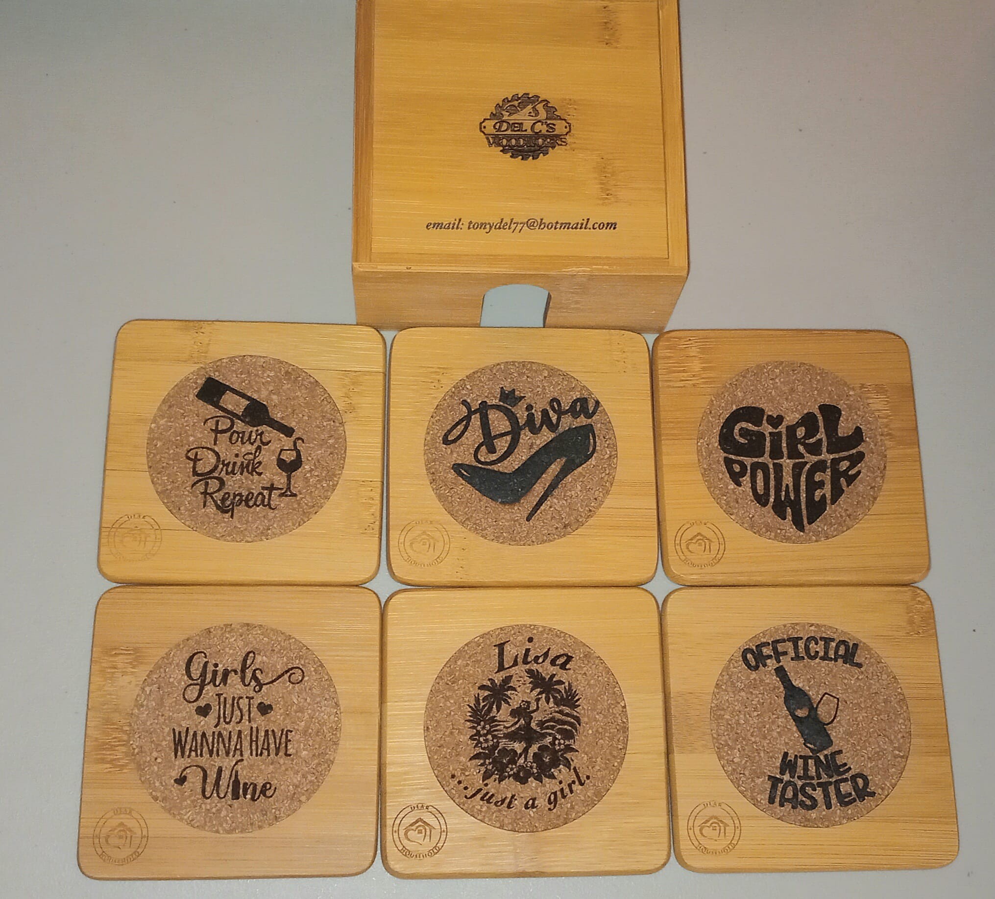 Engraved cork and slate coasters