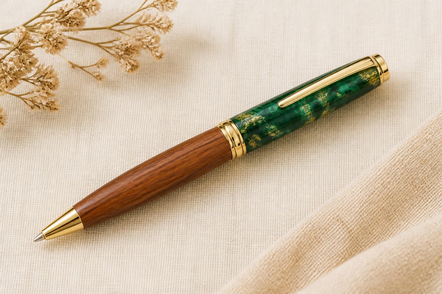 Handcrafted walnut and emerald acrylic pen with gold hardware