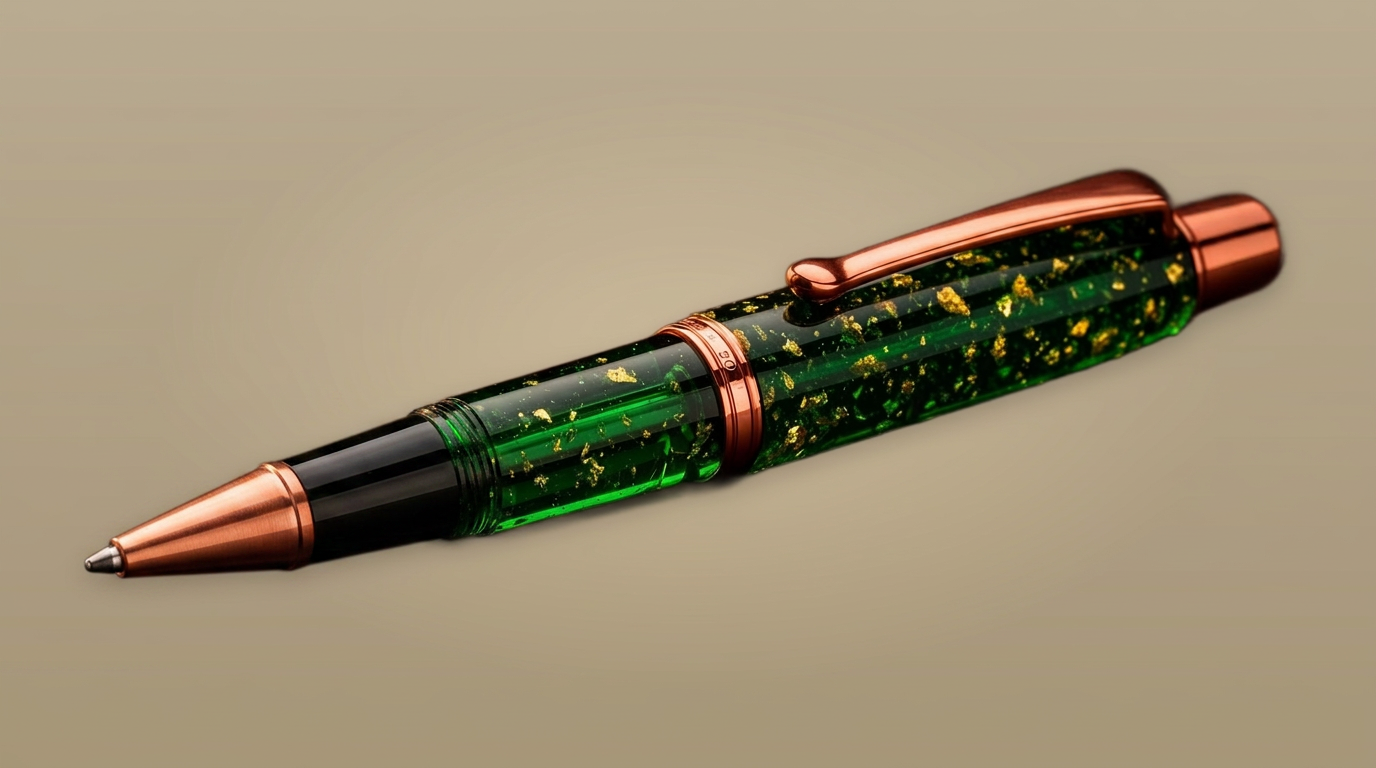 Handcrafted emerald with copper pen