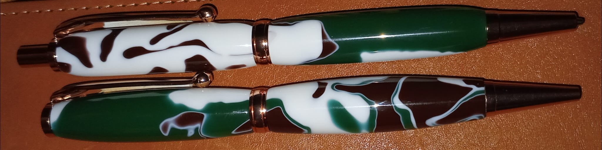Matching green, white and brown marbled acrylic mechanical pencil and ballpoint pen set with rose-gold hardware